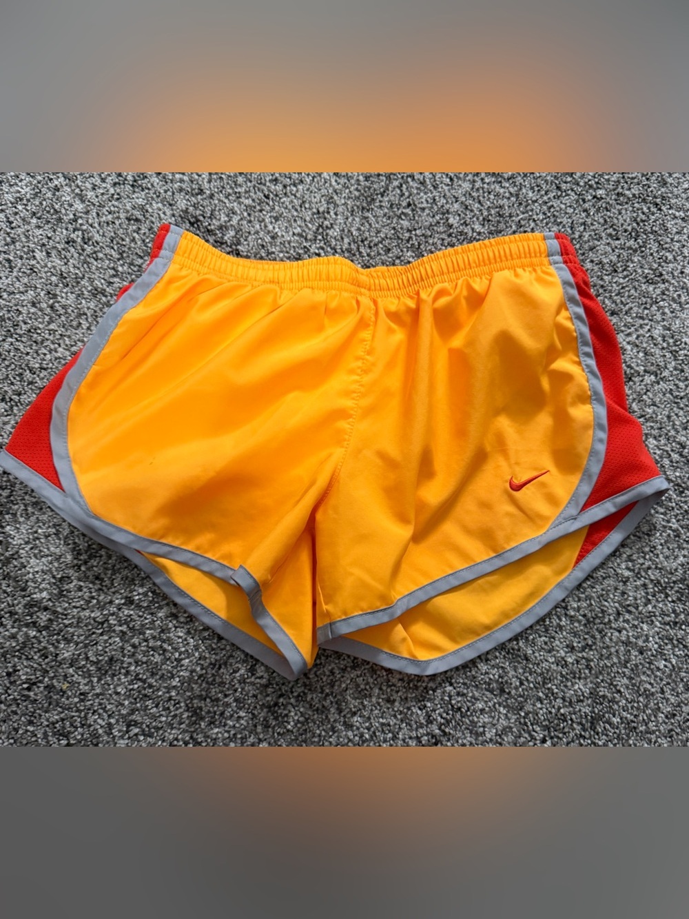 Nike orange & yellow shorts with gray trim, size S